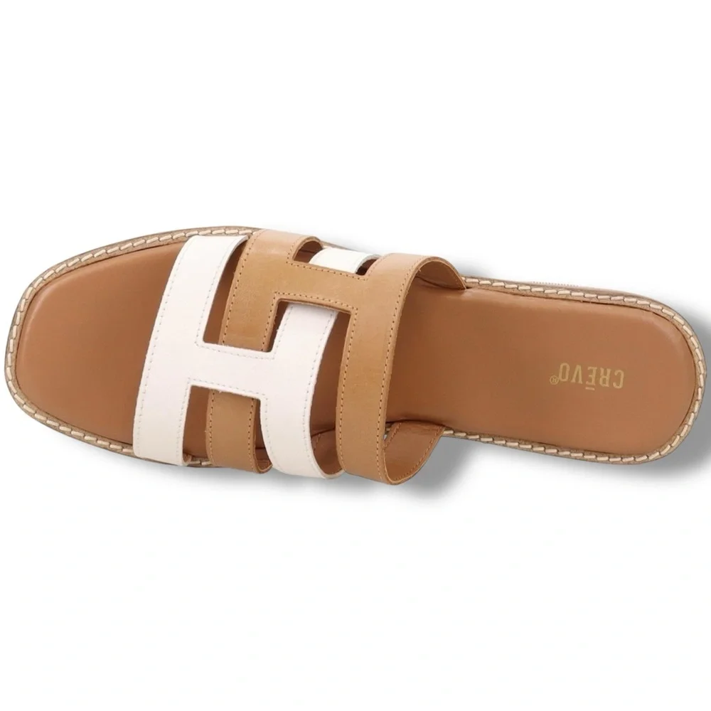 Crevo Catalina Leather H Slide Sandals Tan White Slip On Flat Sz 9.5